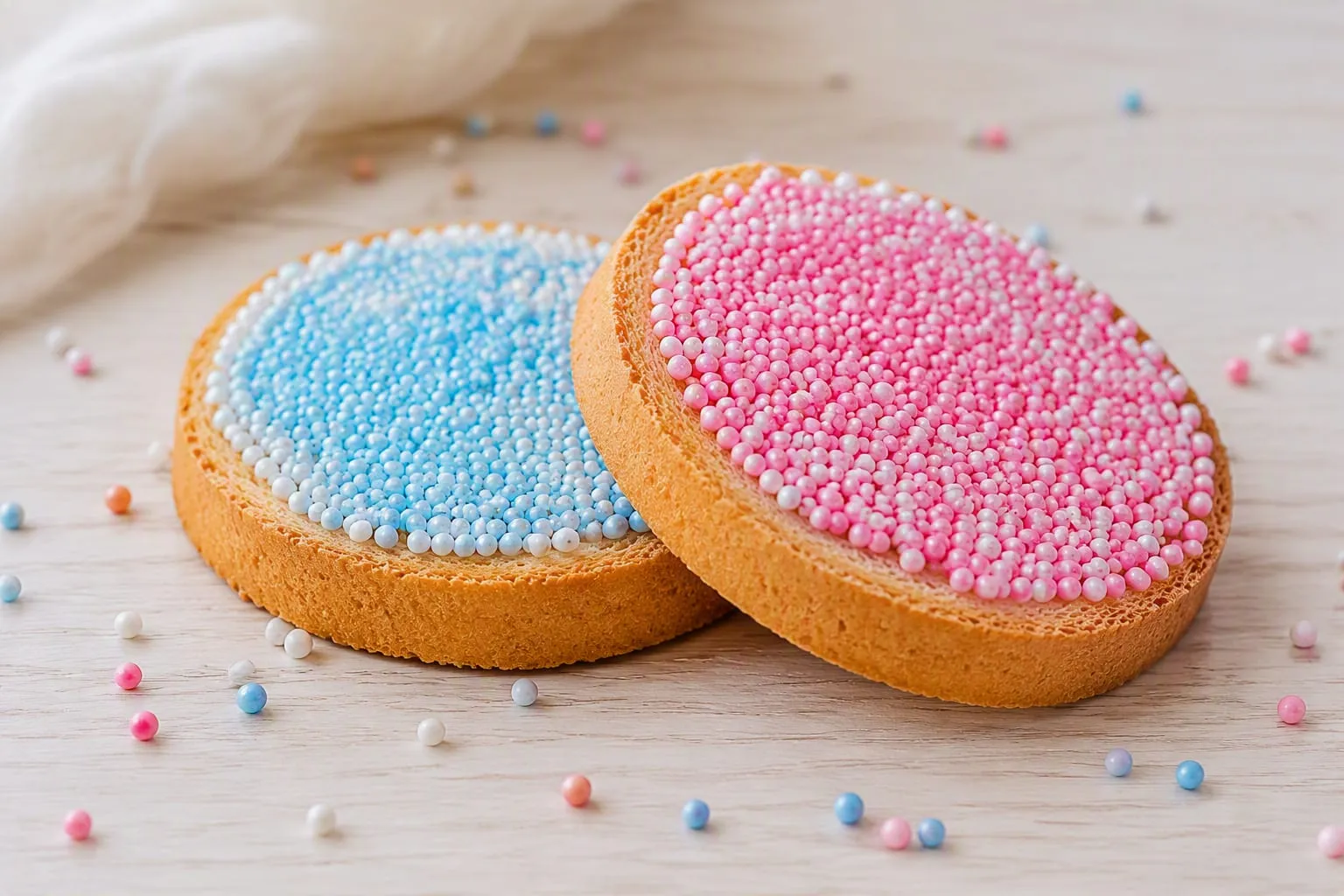 Twee beschuiten met muisjes naast elkaar, één met blauwe en één met roze muisjes